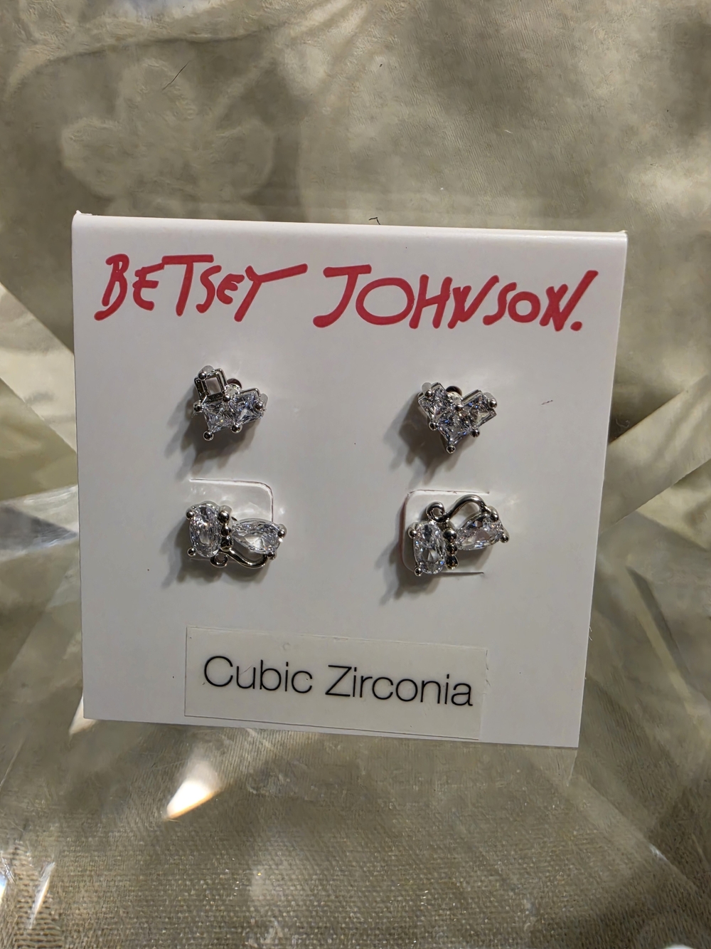 #1231 Betsey Johnson Silver Cubic Zirconia Stud Earring Set - Clear